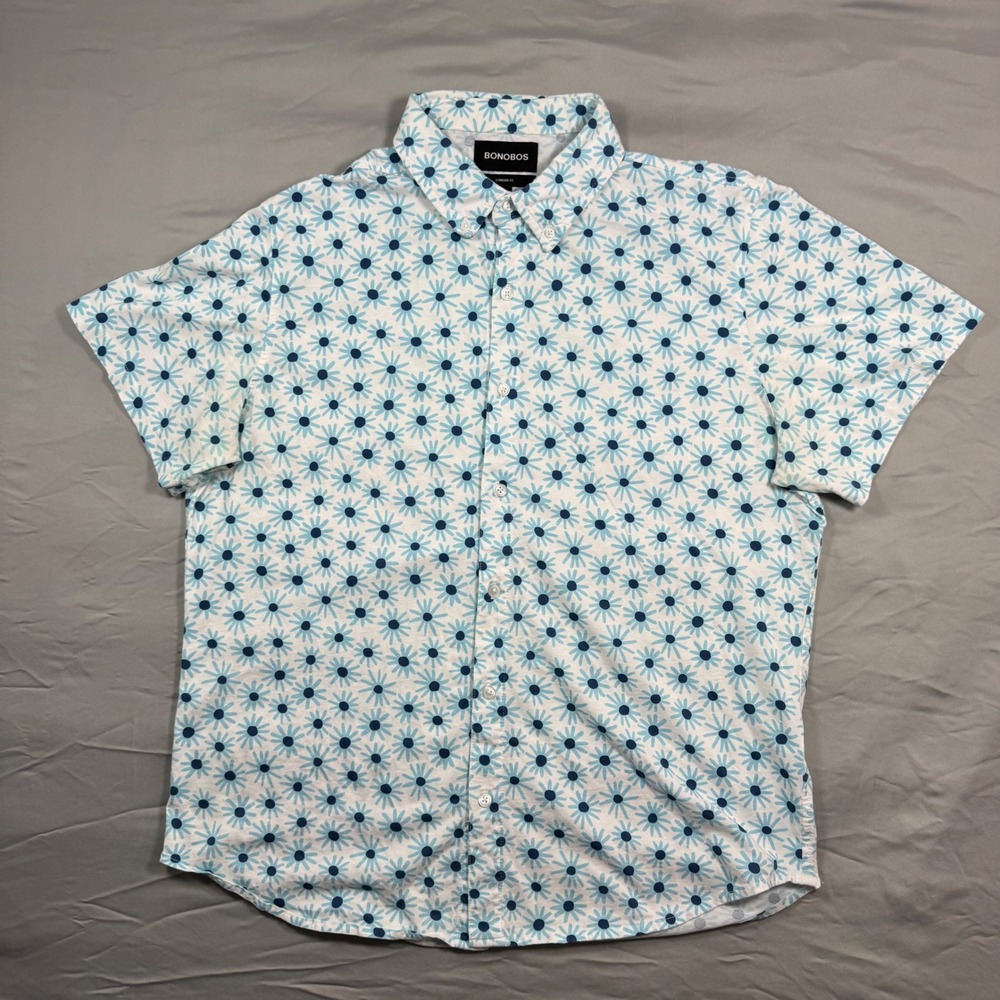 Bonobos Rivera Blue Floral AOP Short Sleeve Shirt Standard Fit L Resort Vacation